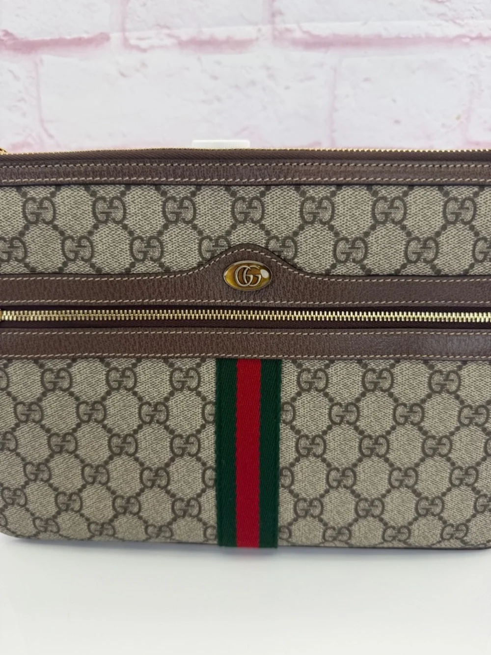 Gucci GG Supreme Ophidia Canvas Pouch Clutch with Web Stripe - Brown/Tan - Picture 3 of 14